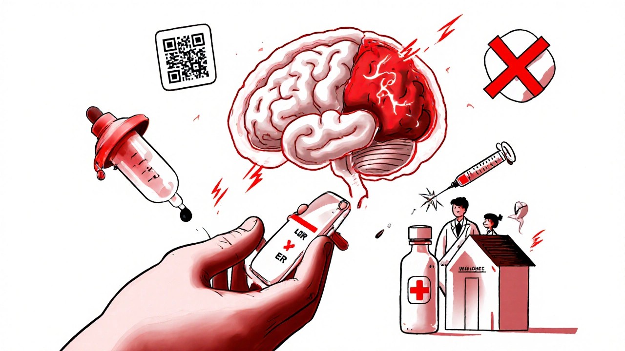 A parent’s hand with a dropper splitting into three paths: child, poison control, and ER, with a warning brain in the background.