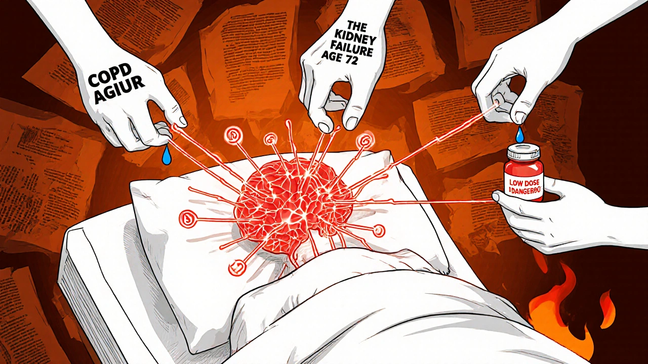 A patient surrounded by ghostly risk factors pulling strings that tighten around their chest.