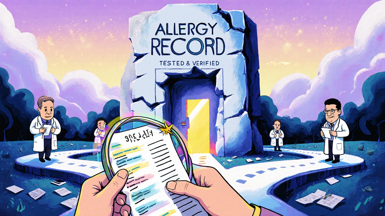 A person holding an allergy compass at a crossroads, with crumbling records behind them revealing a verified allergy door.