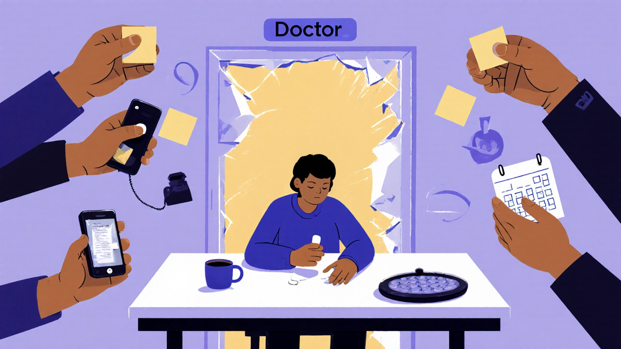 A person holds a pill at a table, surrounded by supportive hands holding everyday objects, with a golden door opening behind them.