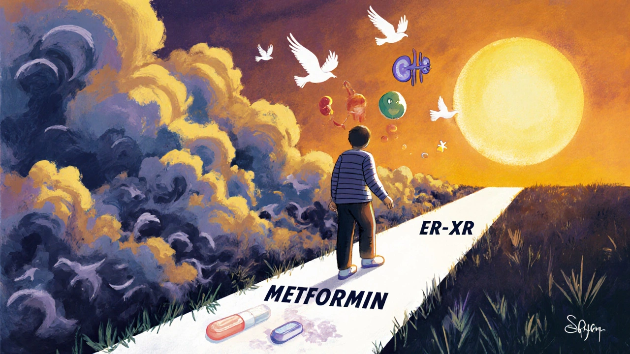 A person walking a path where metformin side effects dissolve into relief and better formulations.