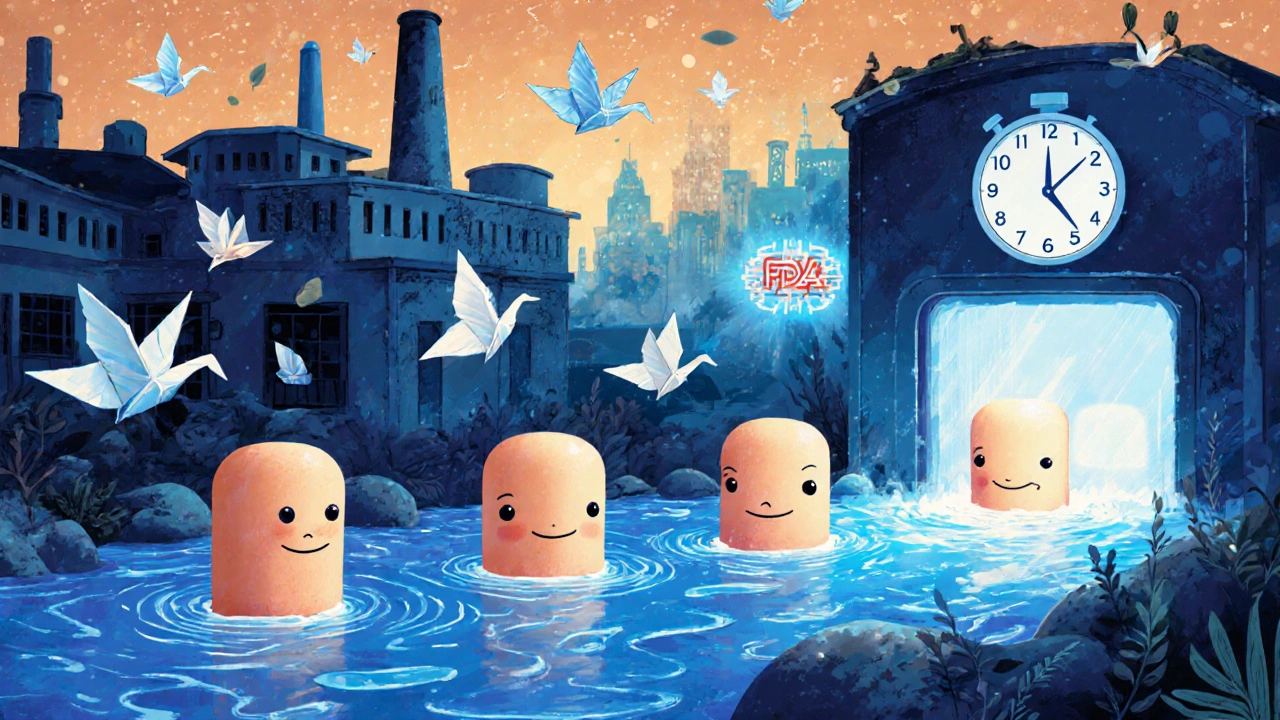 A river of pill faces flows from a crumbling factory to a glowing U.S. portal, watched by AI cranes and a ticking FDA clock.