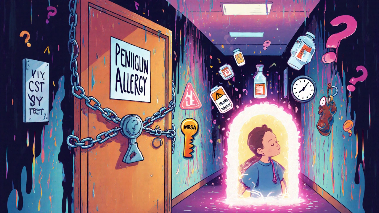A sealed door to penicillin blocked by pills, with a key unlocking a safe alternative in a surreal hospital setting.