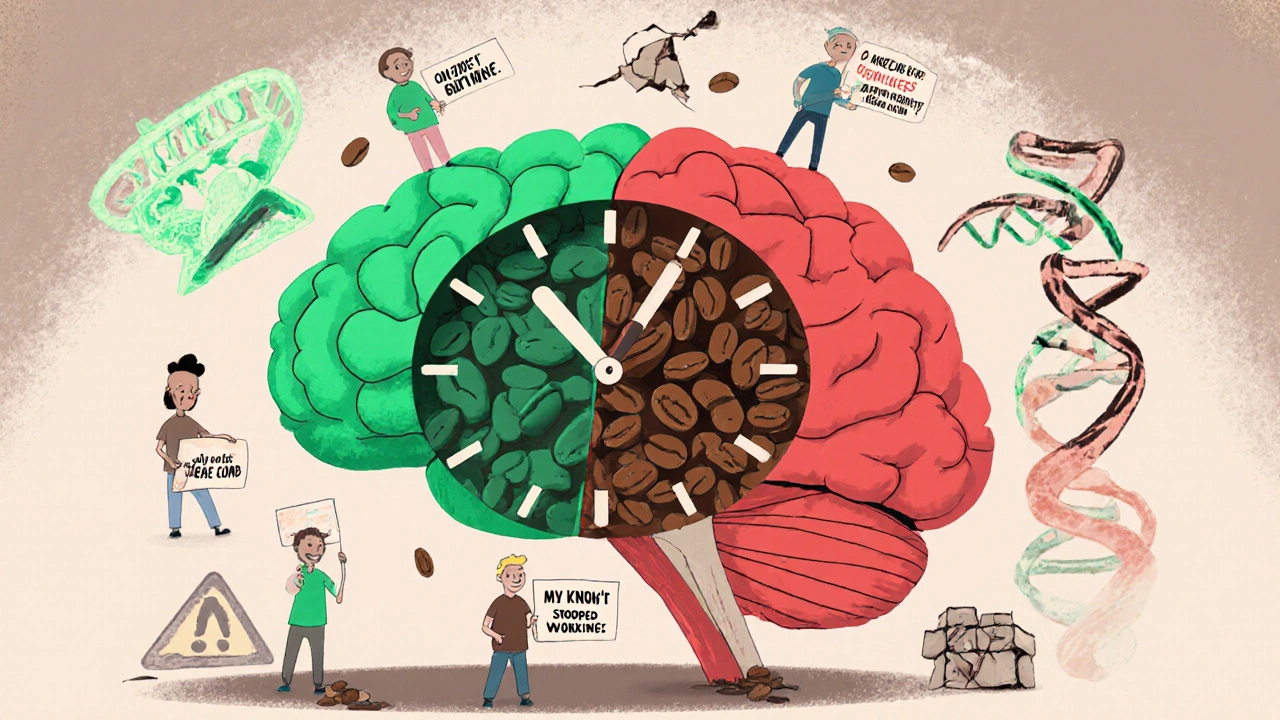 A split brain clock ticks with coffee beans, showing safe vs. dangerous caffeine interactions.