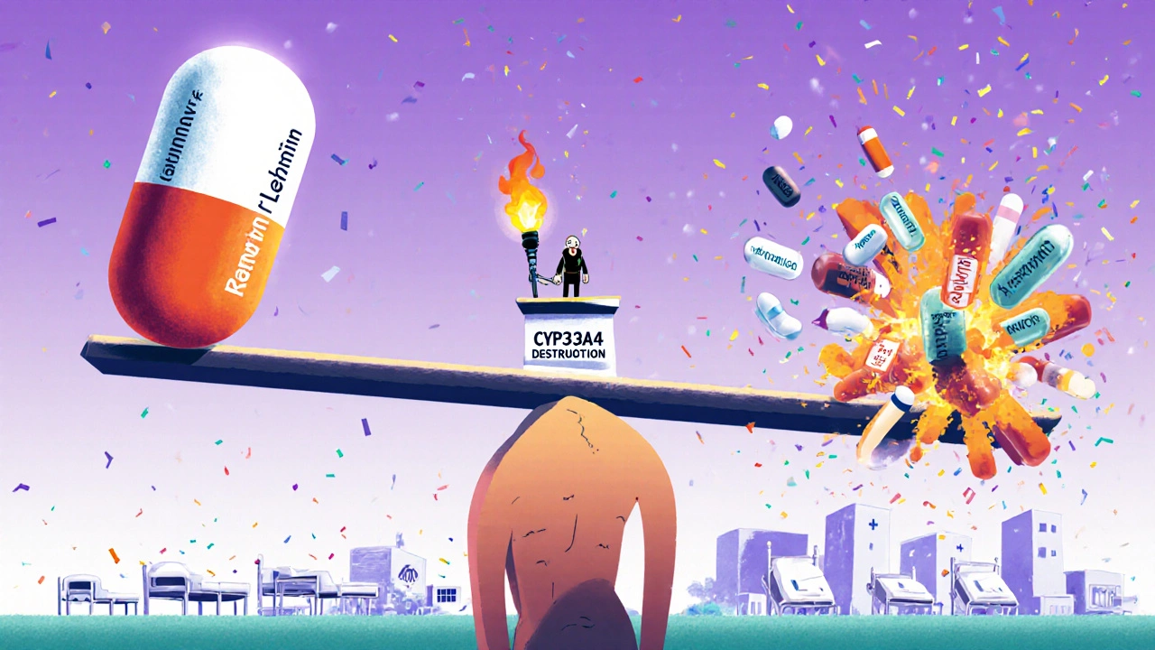 A surreal seesaw with lopinavir on one side and exploding medications on the other, balanced over a human torso with ritonavir as a demolition figure.