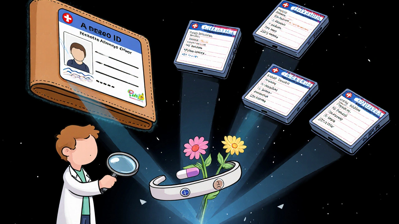 A wallet and medical bracelet emitting light to floating patient portals, with a penicillin pill turning into a flower.