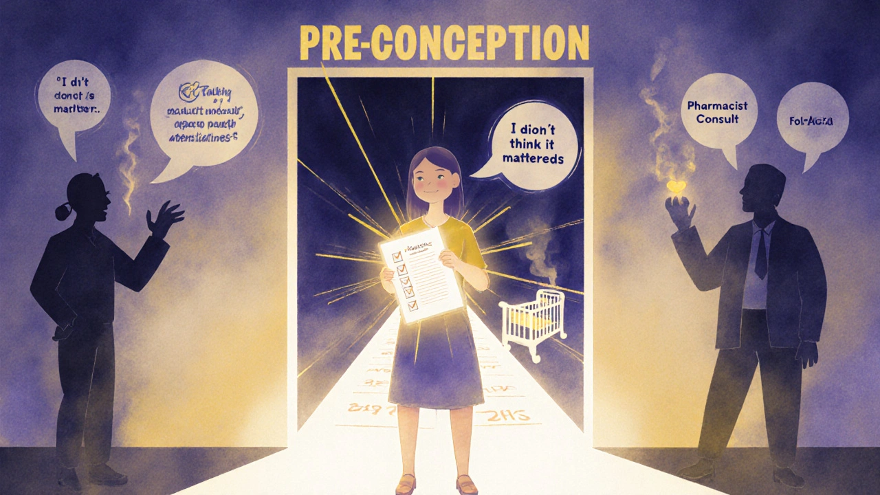 A woman standing at a pre-conception doorway with a glowing checklist, walking toward safe health pathways under soft light.