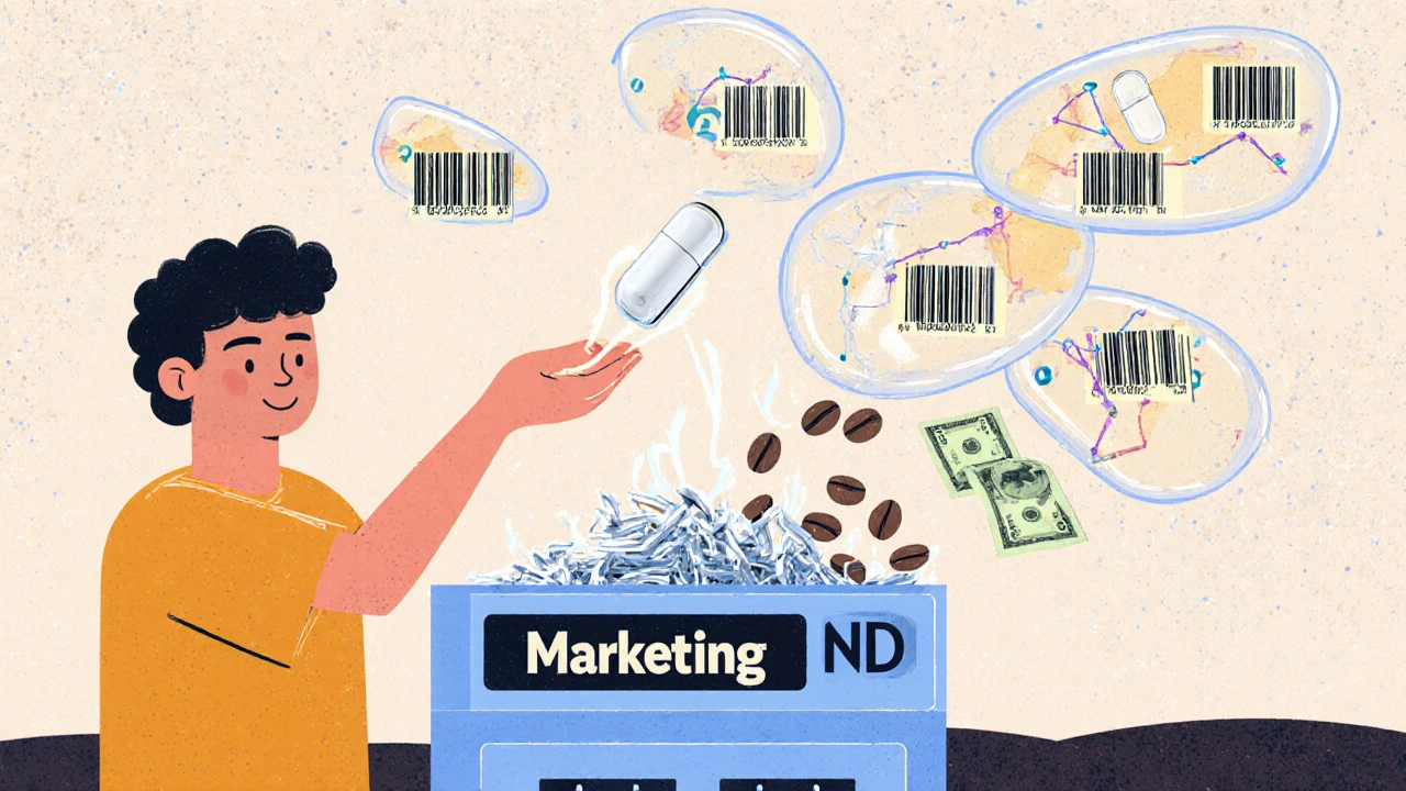 A young person catching a generic pill as they destroy a branded one, with transparent pills showing internal structures against a barcode sky.