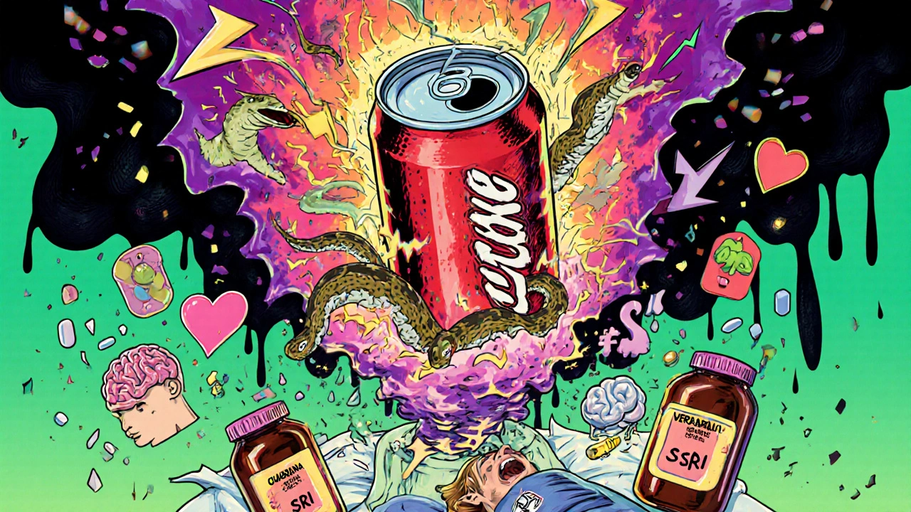 An energy drink explodes into chaotic ingredients, engulfing prescription bottles in a surreal storm.