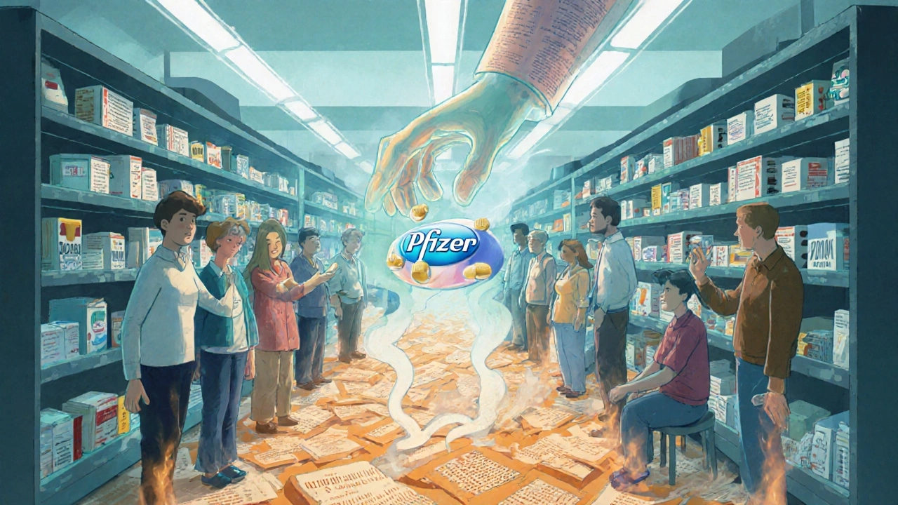 An infinite pharmacy shelf with branded pills fading into unbranded versions, patients reaching out as a giant corporate hand places the authorized generic into their hands.