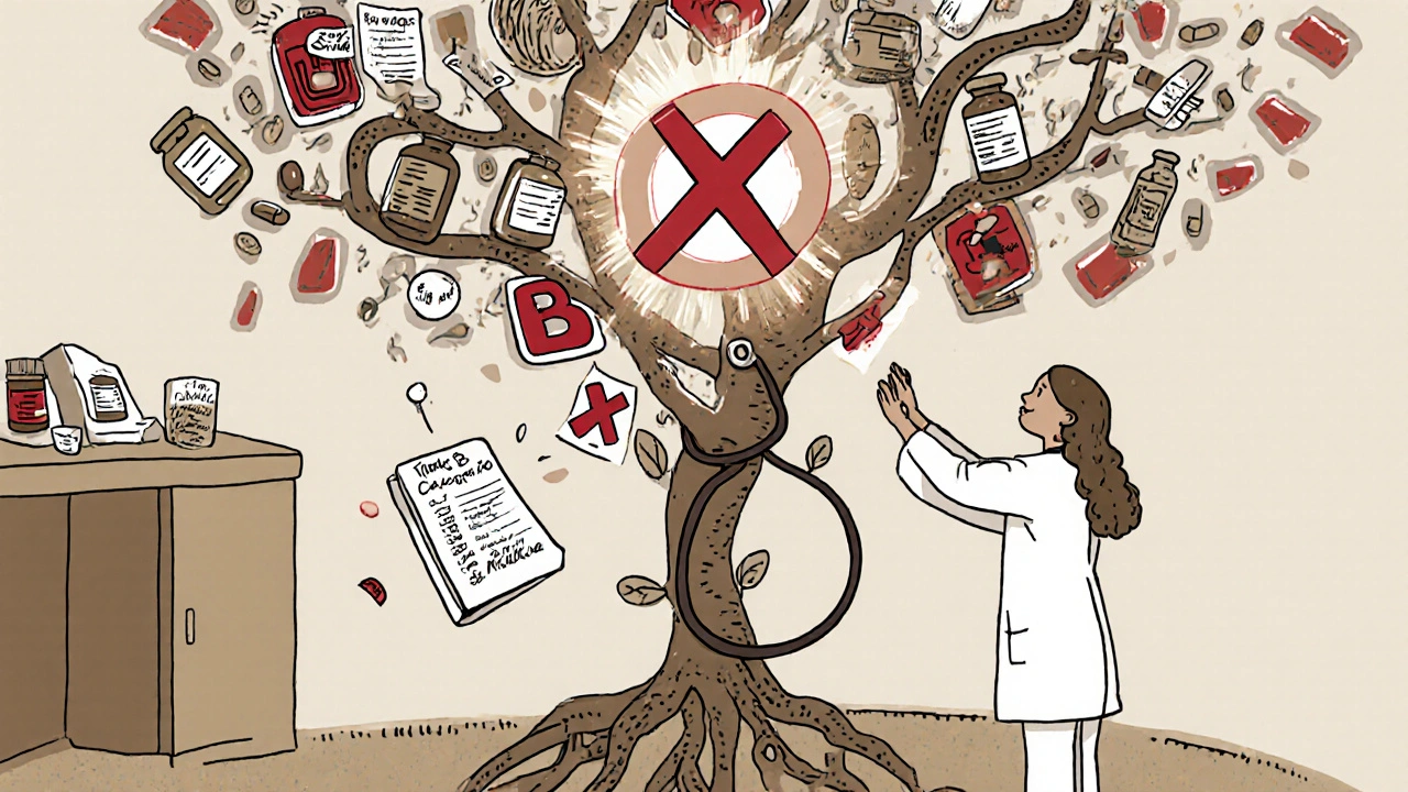 An OB/GYN’s stethoscope growing into a pill-covered tree while a fetus avoids dangerous medication labels in an abstract office.