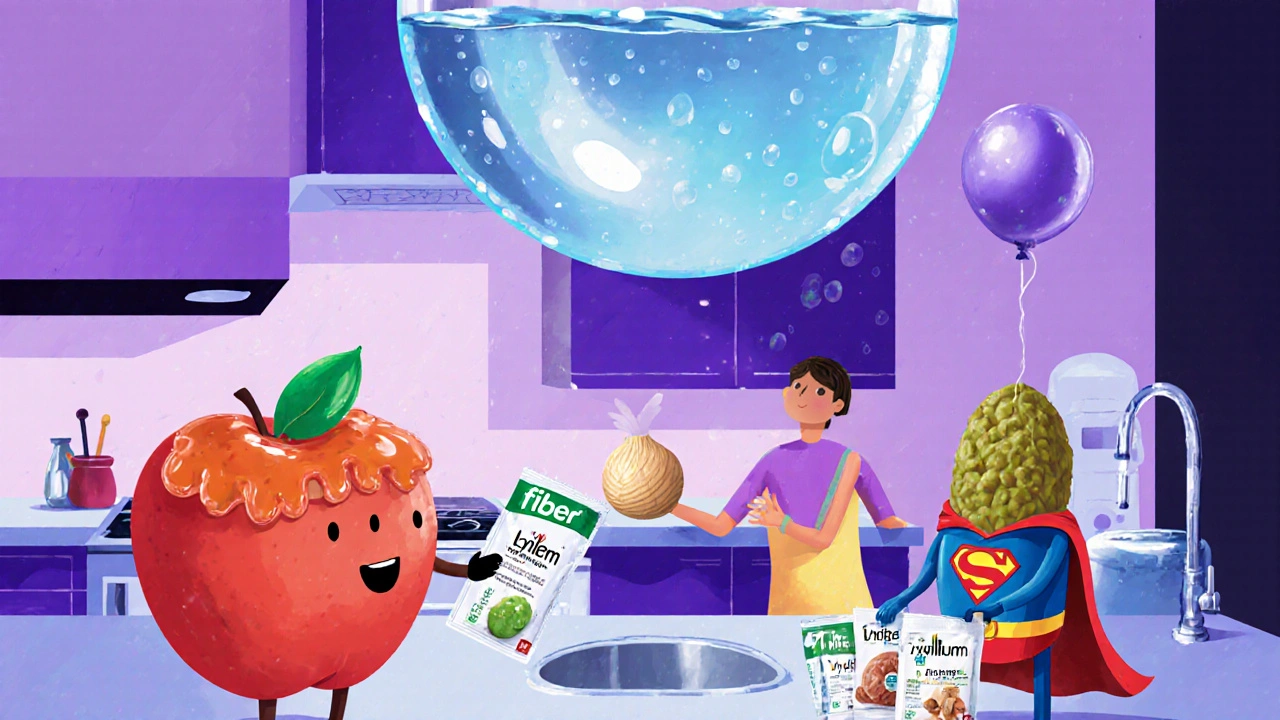 Anthropomorphic foods like an apple with gel hair and a lentil superhero handing out fiber packets.