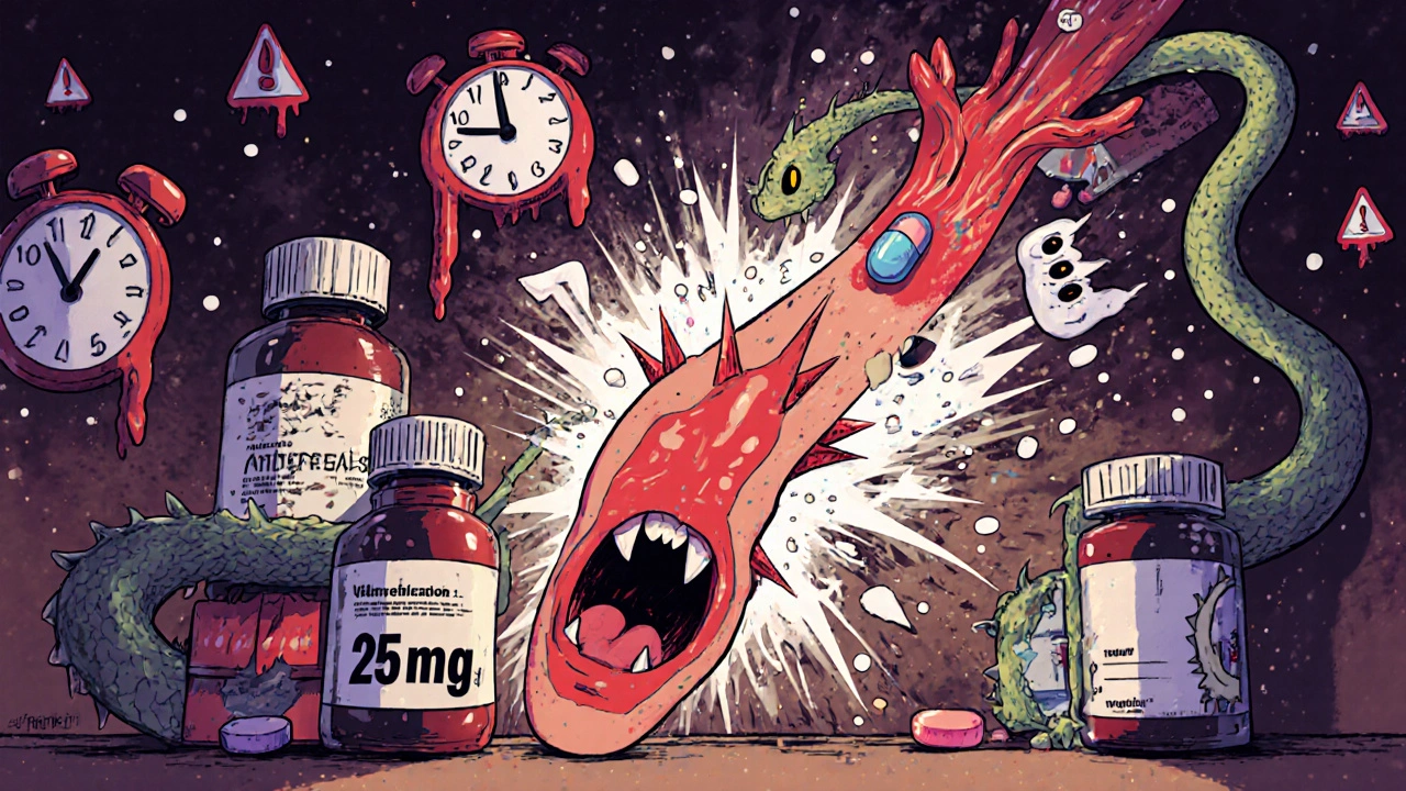 Antidepressant bottles and decongestant boxes fight on a pharmacy shelf in surreal illustration.