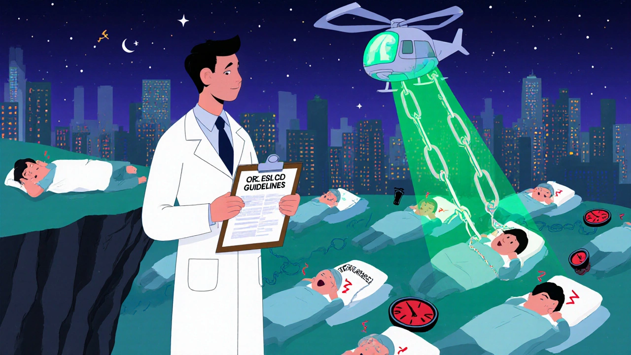 Doctor on a cliff overlooking sleeping city, some with red oxygen meters, one being pulled down by apnea chains as CPAP hovers above.