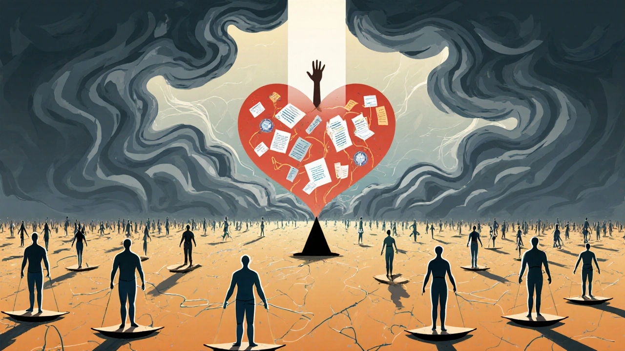 Endless landscape of broken scales connected to a pulsing heart, with therapy data and sunlight breaking through.