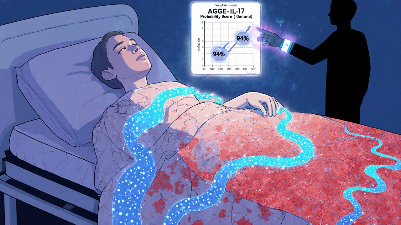 Patient with peeling skin healed by glowing IL-17 molecules, AGEP score floating nearby, medical bracelet forming.