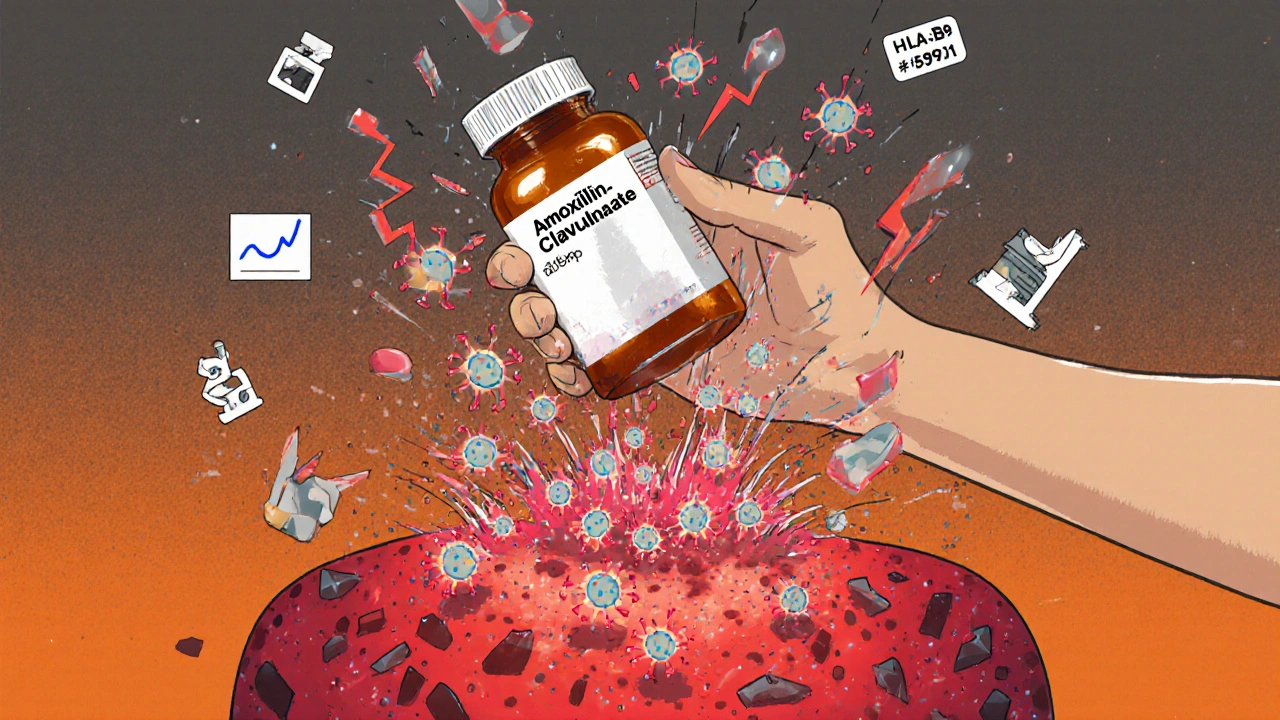 Shattered pill bottle releasing neutrophil figures from crimson skin, floating medical symbols in background.