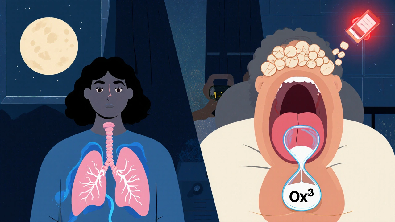 Split image: healthy lungs vs. opioid-damaged chest with hourglass lungs and tongue blockage, brain sending silent alarms.