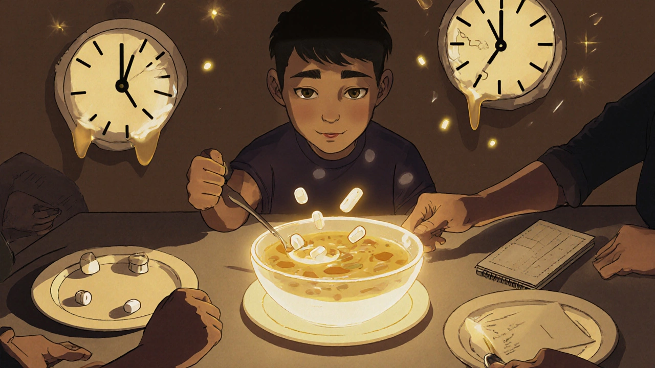 Teen at dinner with floating pills and shadowy hands offering warm soup, symbols of treatment nearby.