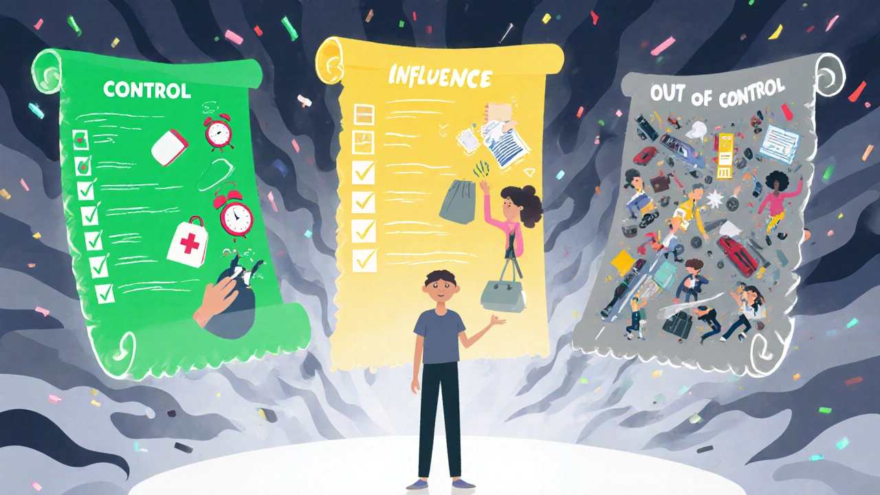 Three glowing lists float above a person—control, influence, and out of control—while they remain calm in the center.