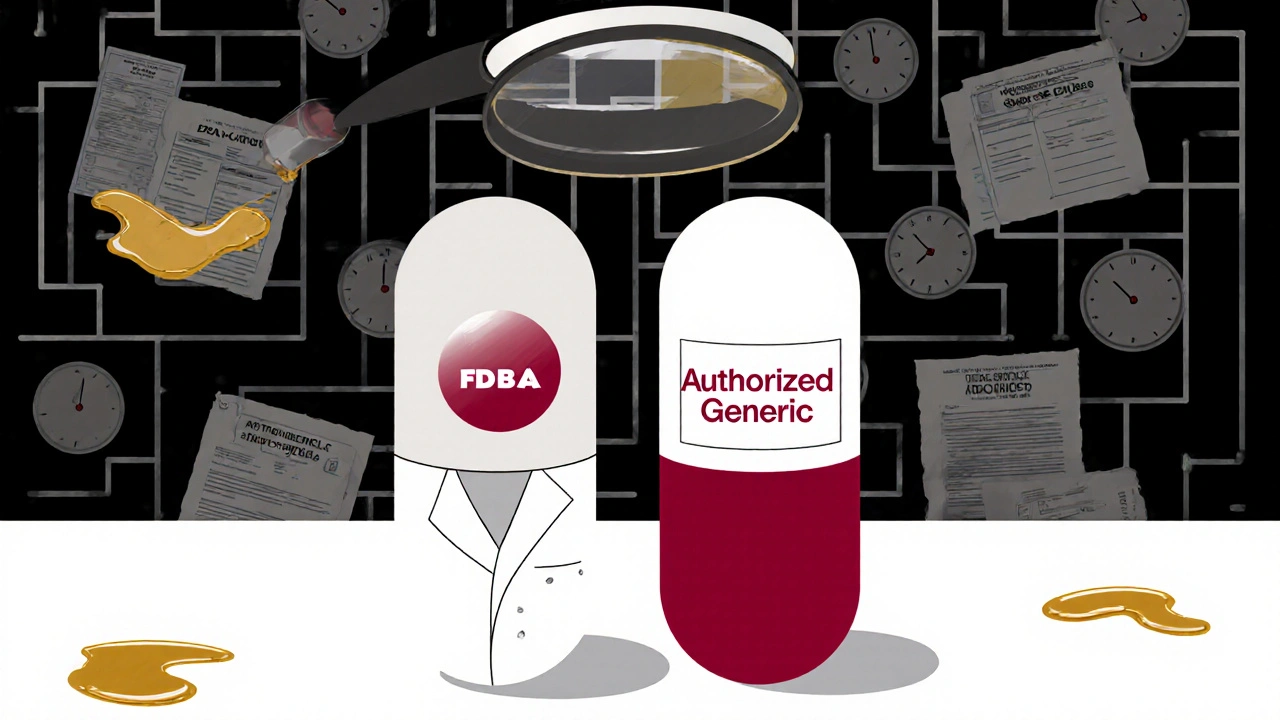 Two identical pills side by side—one branded, one unbranded—under a magnifying glass revealing perfect molecular match, surrounded by melting patent clocks.