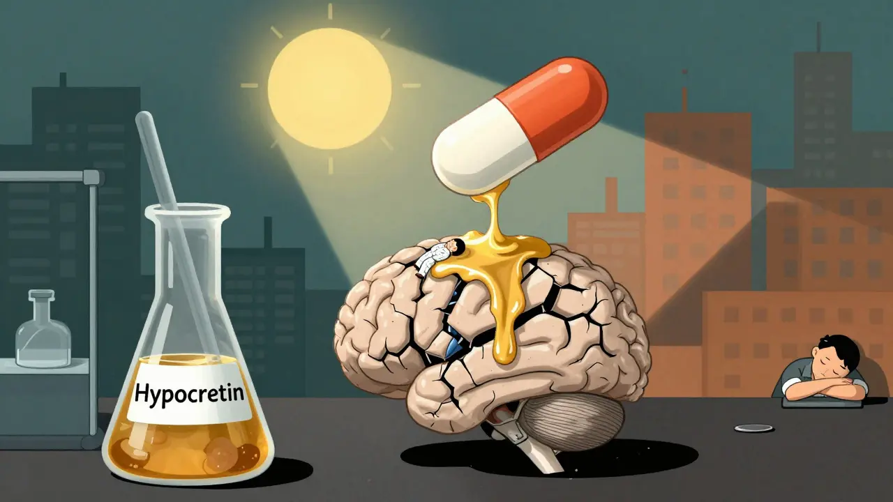 A brain made of porcelain leaking sleep figures, with a modafinil pill casting alertness shadows over a city.