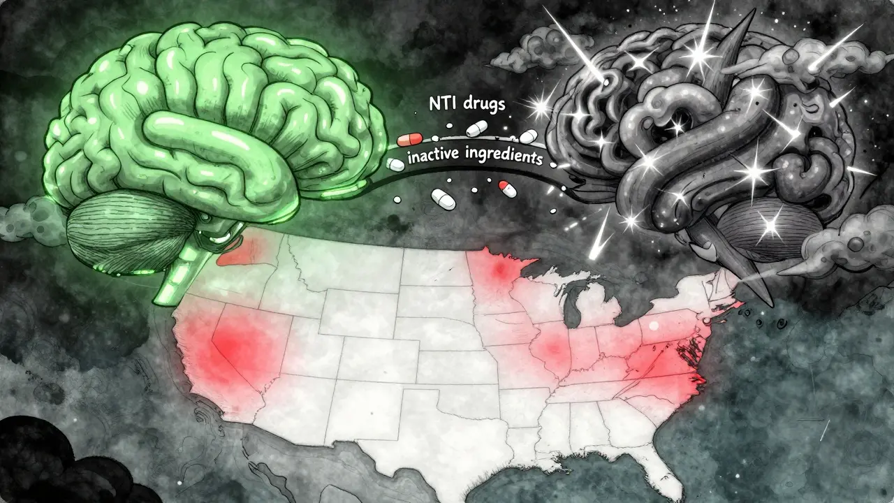 A brain split between calm and chaotic states, connected by broken pill fragments labeled NTI drugs.