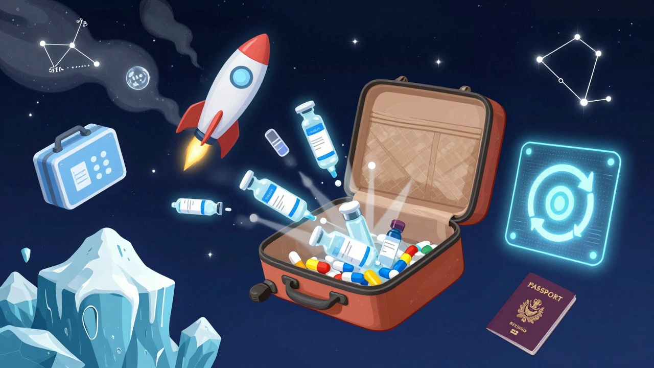 A carry-on bag explodes mid-air, spilling insulin rockets and temperature cases, while a digital backup glows beside a passport.