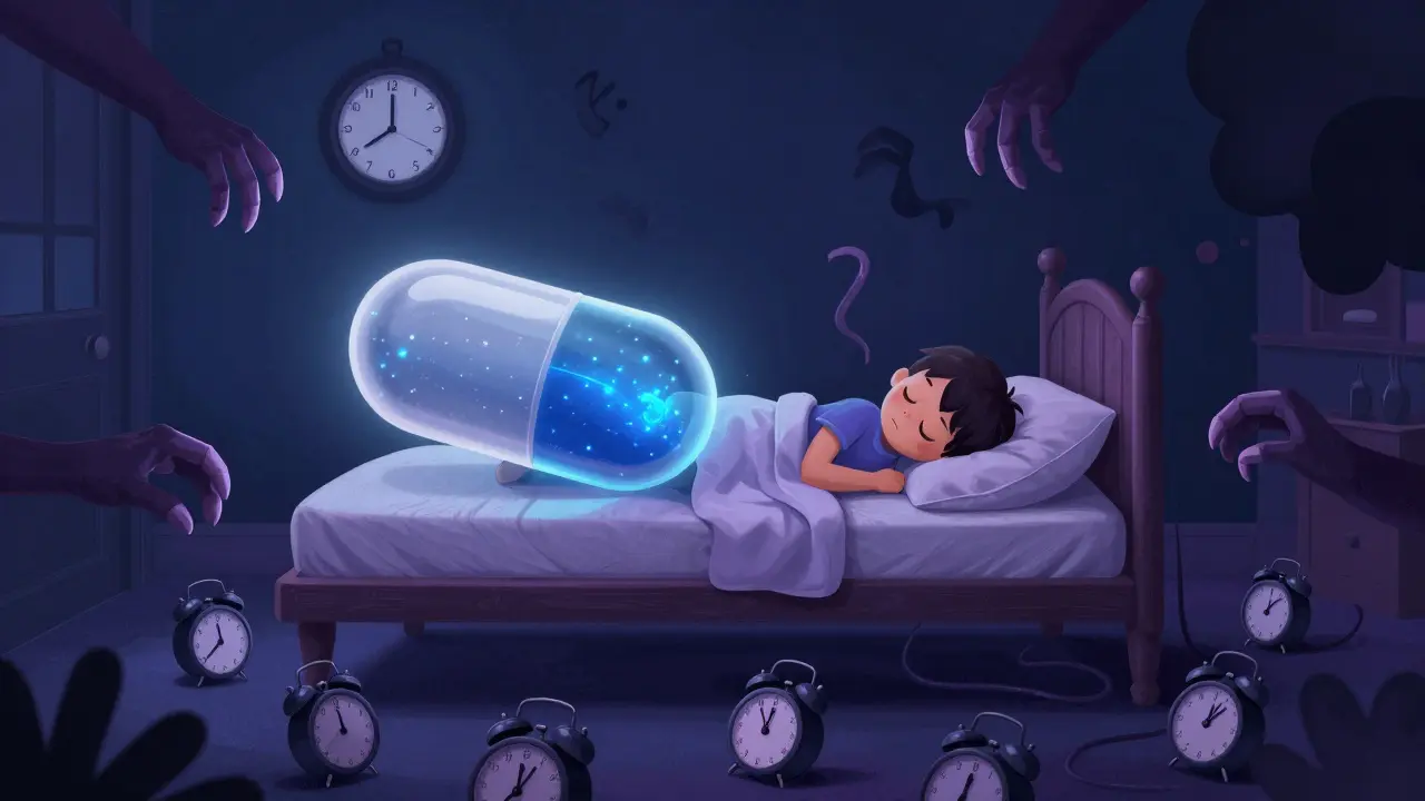 A child asleep under a glowing pill, surrounded by sleep-disturbing shadows and backward-ticking clocks.