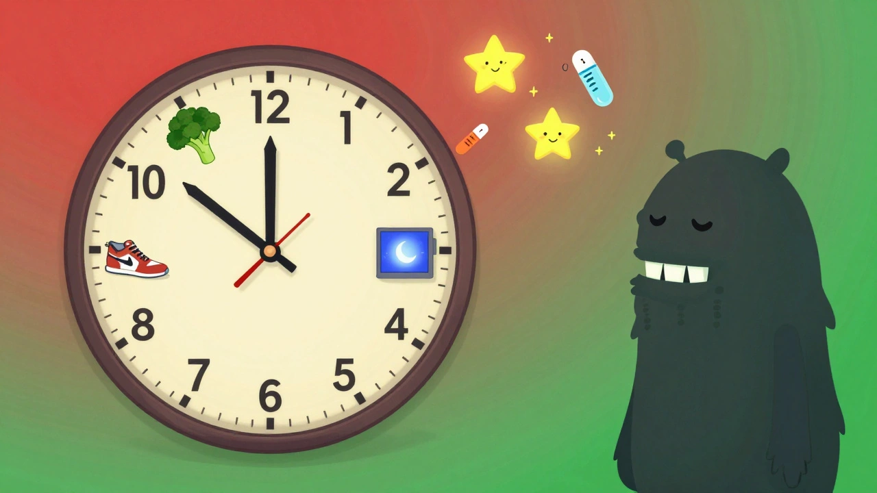 A clock face transformed into daily health habits, shrinking a sugar-toothed prediabetes monster under their influence.