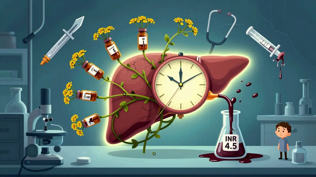 A clock-shaped liver with feverfew vines缠绕 warfarin bottles, leaking fluid into a beaker labeled INR 4.5.