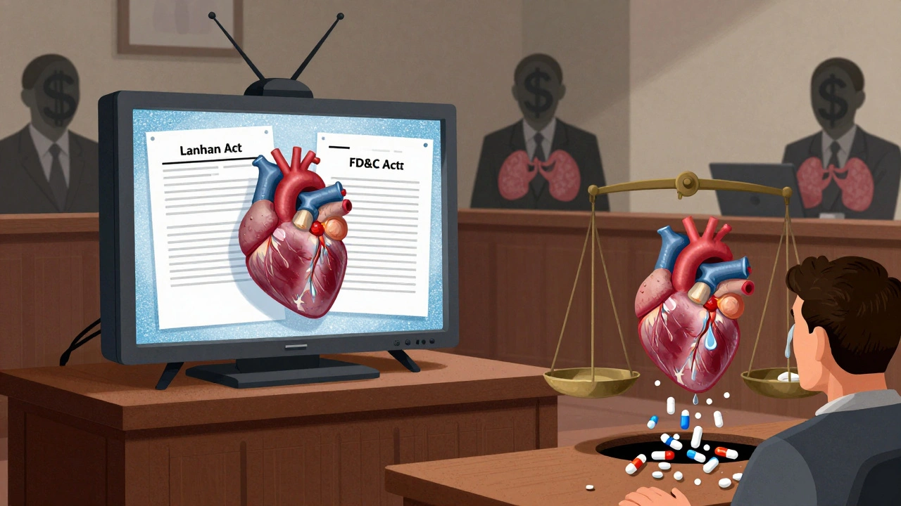 A courtroom scale weighing a deceptive drug ad against a human heart, surrounded by legal documents and corporate masks shaped like dollar signs and thyroid glands.