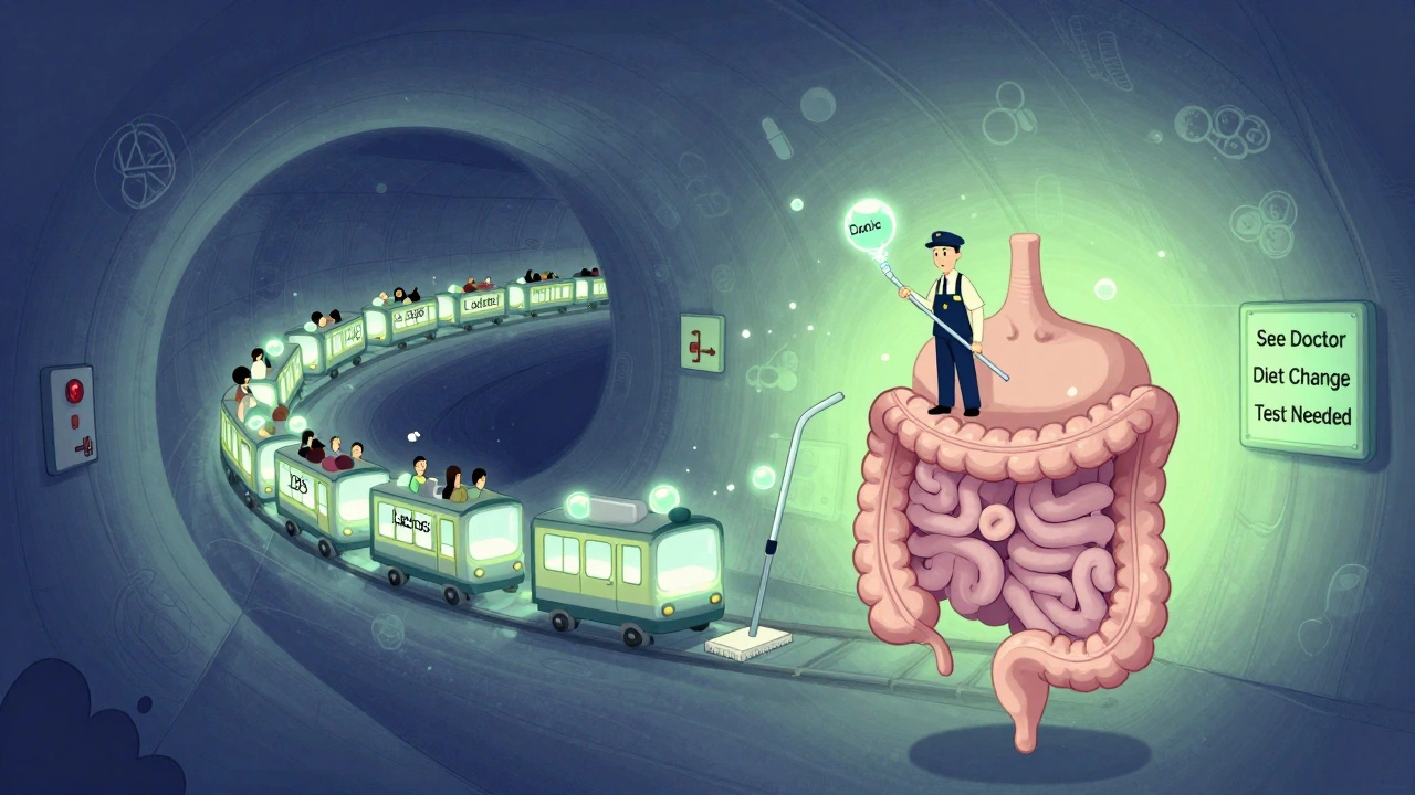 A digestive tract as a subway tunnel with gas bubbles as passengers, ignored by a conductor labeled &#039;Simethicone&#039;, in surreal cartoon style.
