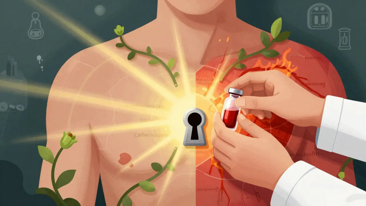 A doctor inserts a blood vial into a chest keyhole, releasing safe drug pathways across a body map.