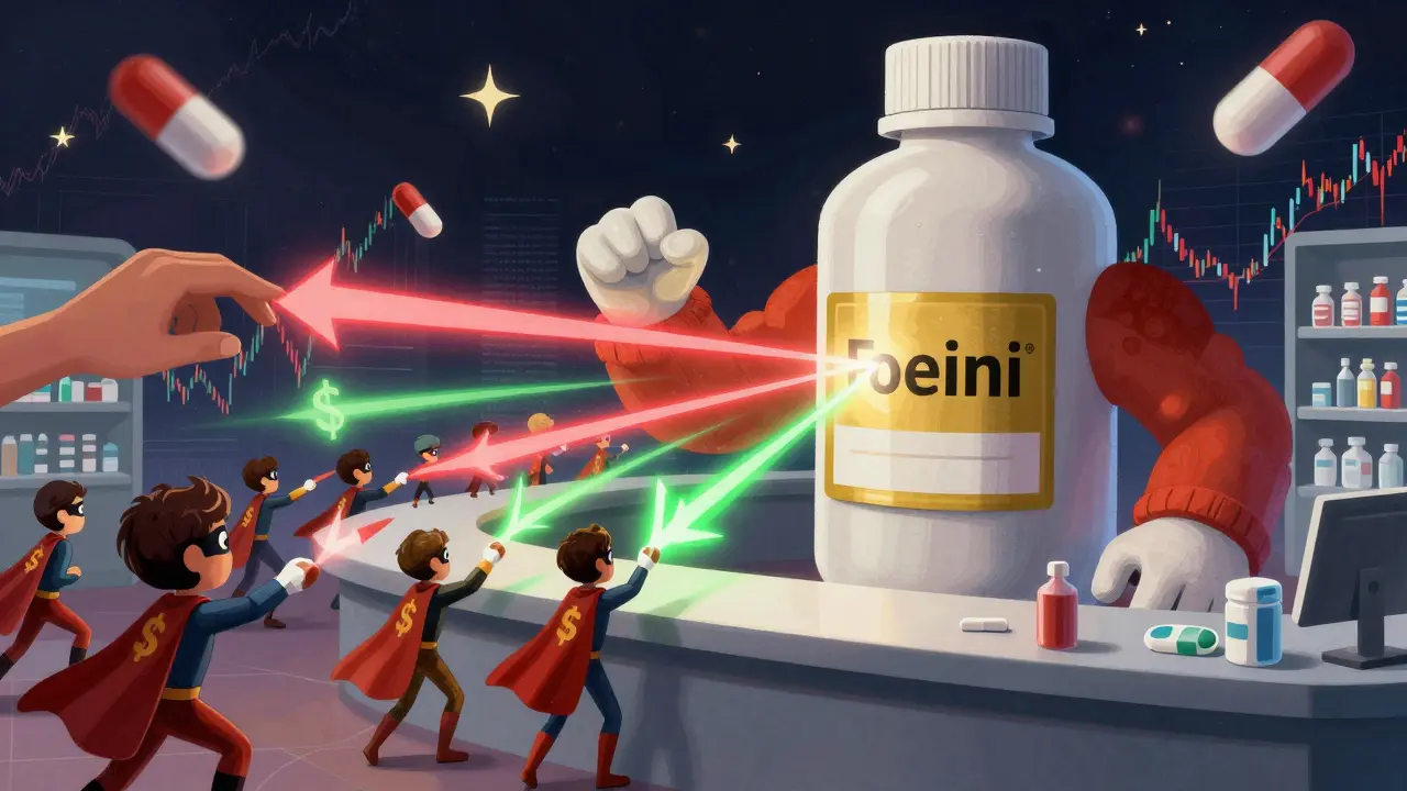 A giant branded drug monster defeated by generic superhero pills shooting dollar-sign energy beams.