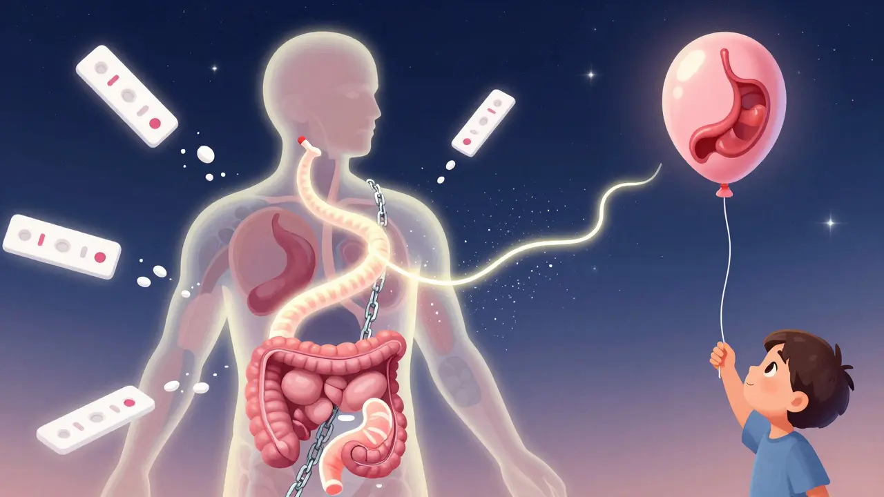 A glowing biologic thread cutting inflammation chains, with allergy tests dissolving as hope rises.