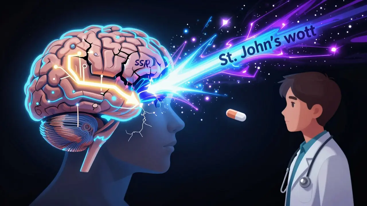 A glowing brain with clashing serotonin streams causing cracks, a dropped pill hovering between doctor and patient.