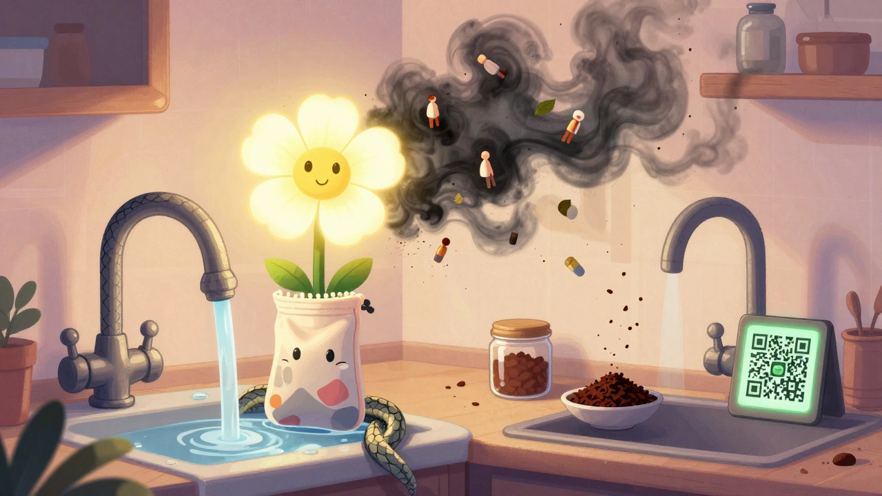 A glowing deactivation pouch blooms like a flower, neutralizing pills into harmless dust in a quiet kitchen.
