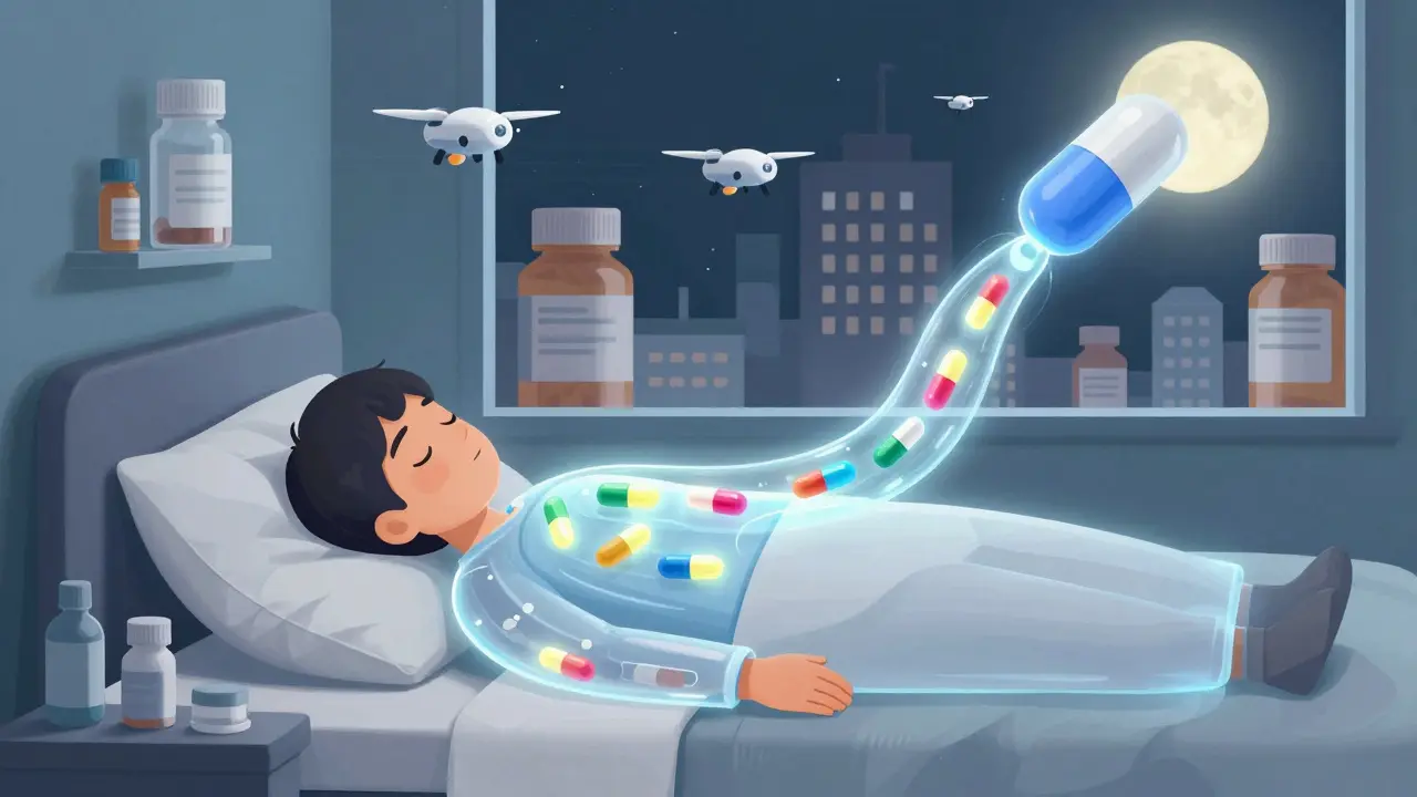 A glowing pipeline of medication flows into a sleeping person’s chest, with drones delivering refills overhead.
