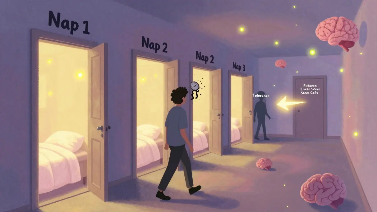 A hallway of nap doors with a shadowy figure eating a clock, leading toward a distant cure symbol.