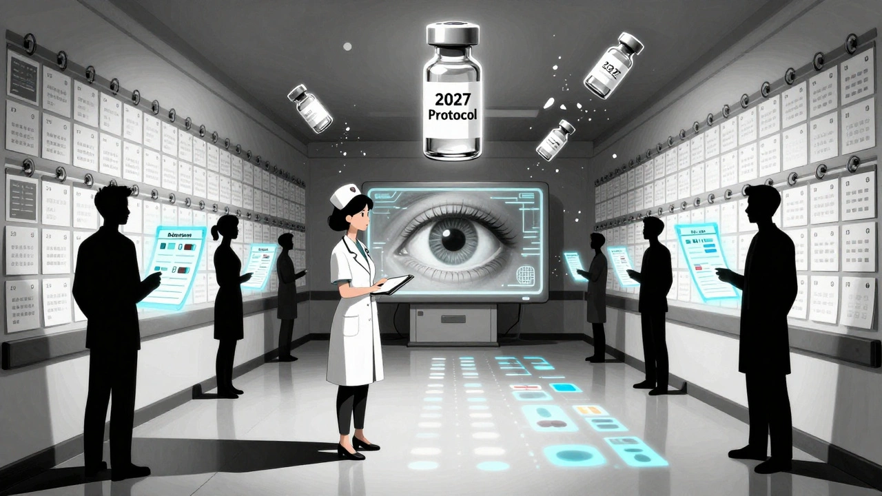 A hospital hallway with expiration calendars on the walls, shadows turning into pharmacists, as a glowing AI eye projects safe drug profiles onto the floor.