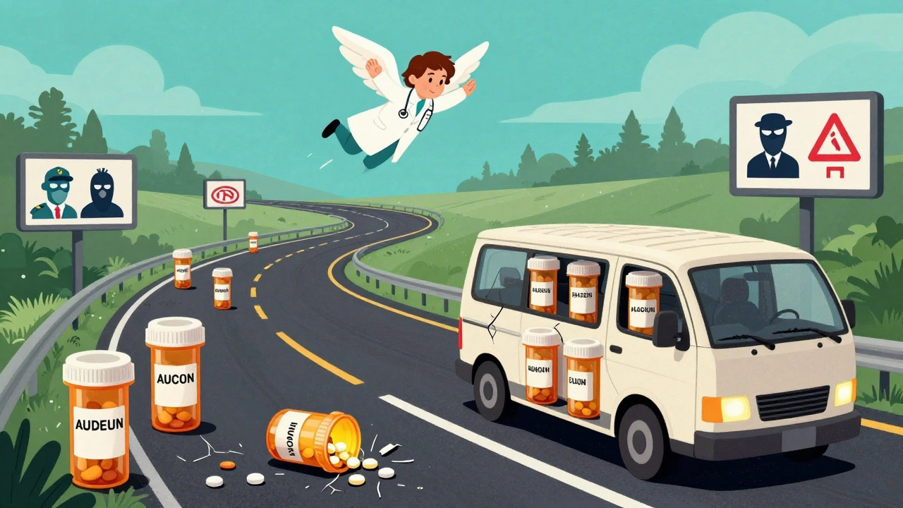 A minivan becomes a highway of prescription bottles, with a doctor’s letter hovering above as state borders appear as checkpoints.