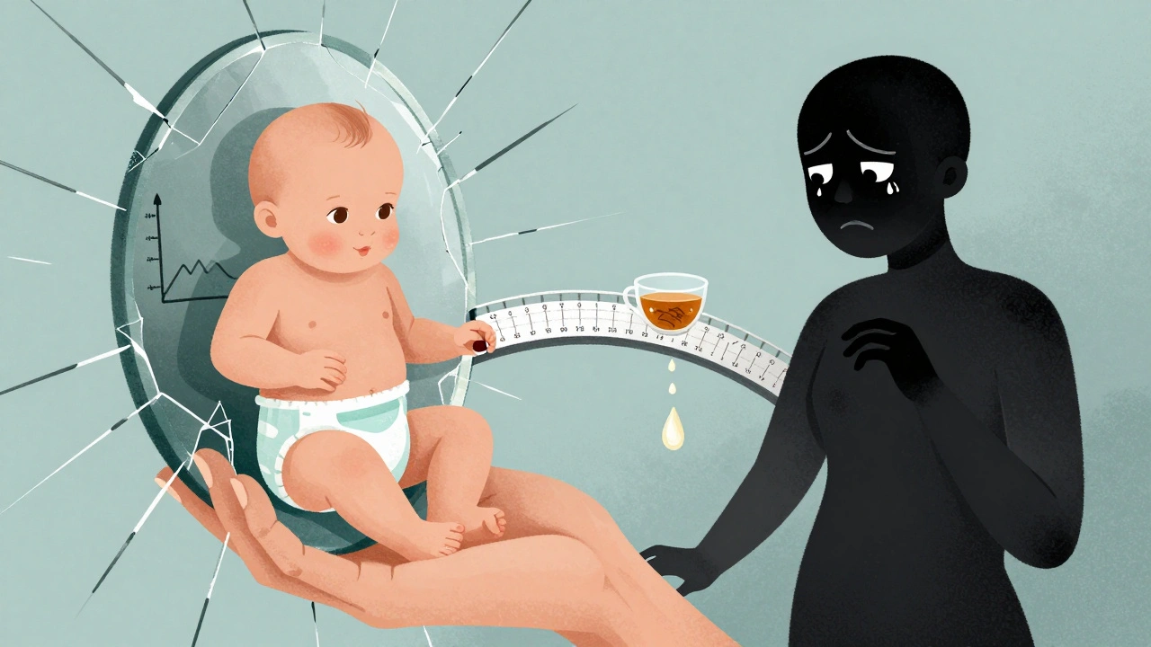 A mother’s hand holding a baby before a fractured mirror showing healthy vs. side effect outcomes, with feeding symbols and a dissolving pill.