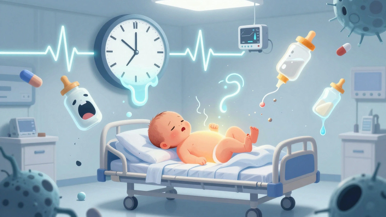 A newborn baby floats amid symbols of withdrawal—trembling hands, crying mouths, and melting clocks—in a sterile surreal environment.