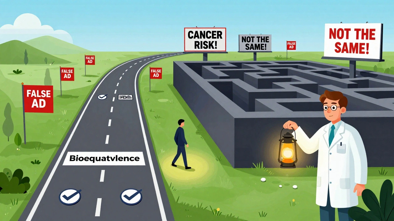 A patient&#039;s mind shown as a surreal landscape with two paths — one safe, one filled with false fear-based billboards — while a pharmacist guides them with a pill-shaped lantern.