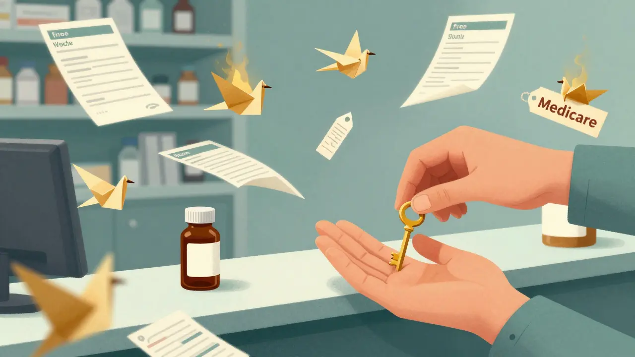 A patient receiving a golden key from a giant Medicare hand, surrounded by floating formularies turning into free vaccines and <h2>How to Choose the Right Plan</h2> tags.