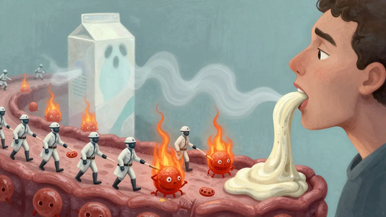 A patient swallowing a steroid slurry that becomes a miniature battle against inflammatory monsters.