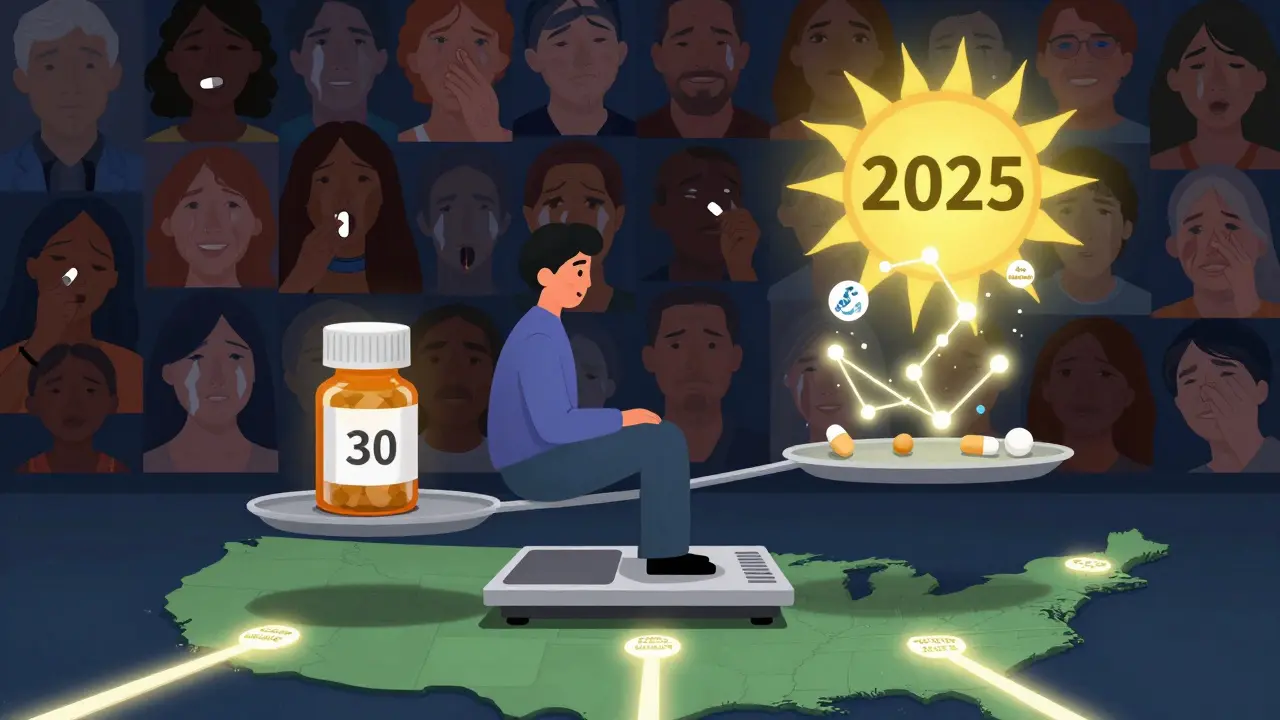 A person on a pill bottle scale, lifted by glowing resources like Medicare cap and PAN Foundation, with a U.S. map below.