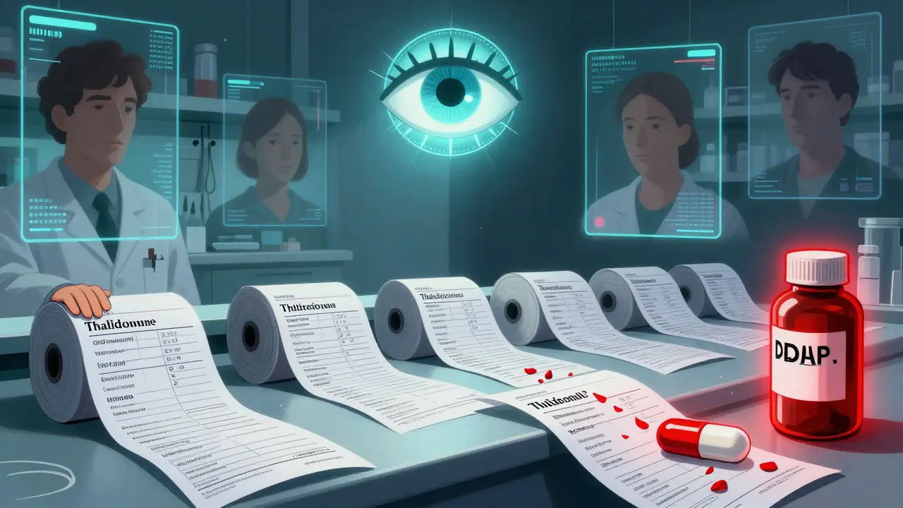 A pharmacist's arms extend into endless forms, with glowing drug bottles and patient silhouettes trapped in digital portals.