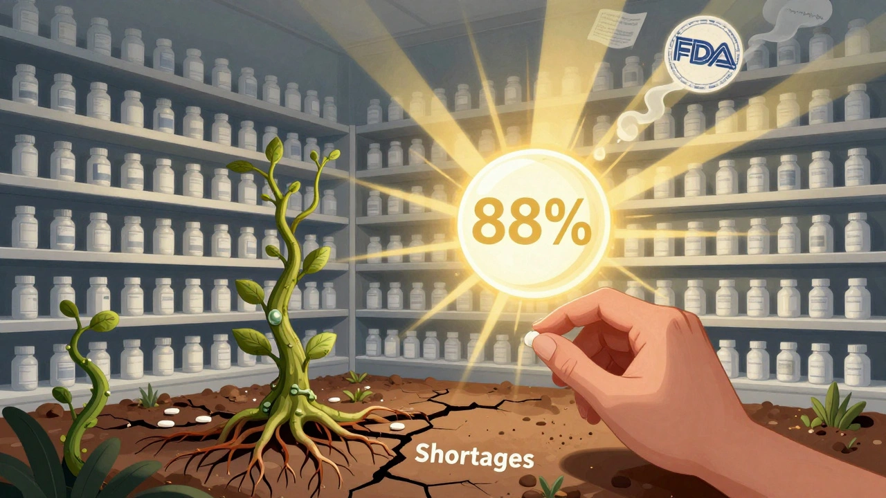 A pharmacy shelf shows generics dominating space but brand-name drugs dominating cost, with biosimilars growing upward.